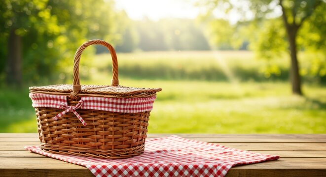 A picnic basket on a wooden table with a red and white checkered cloth in a green park setting