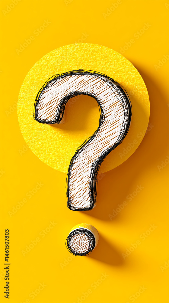 Aufkleber sketch-style question mark on yellow circle, against yellow background free space below, suitable fo