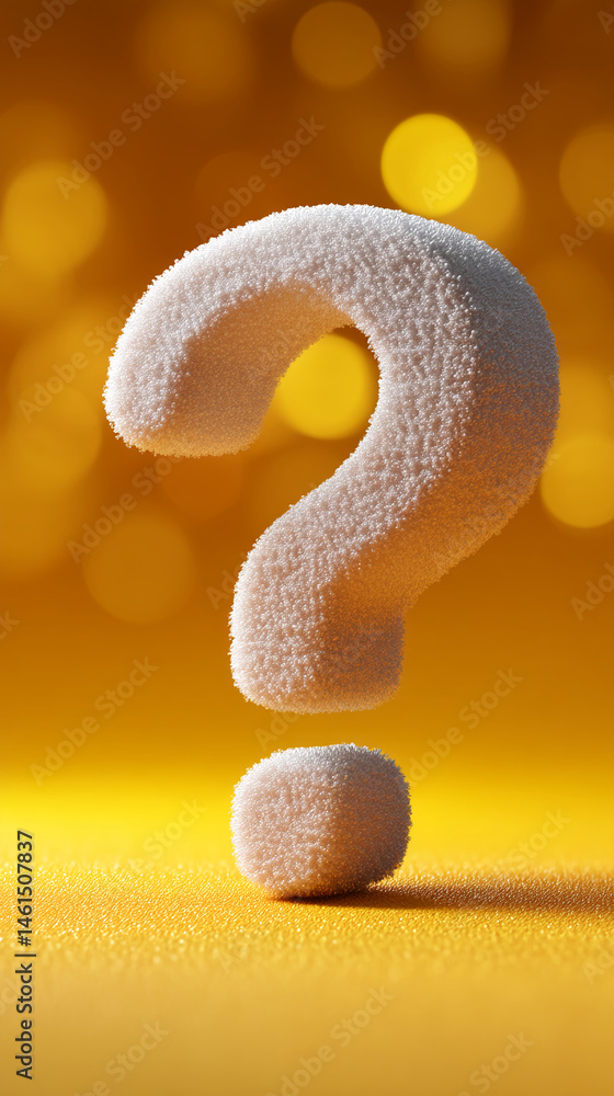 Poster fluffy white question mark on yellow background, bokeh effect. represents inquiry, uncertainty, or a