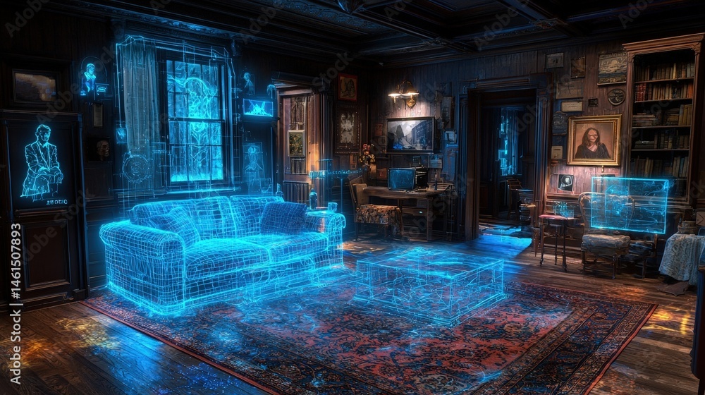 Poster digital rendering of a room with translucent furniture.