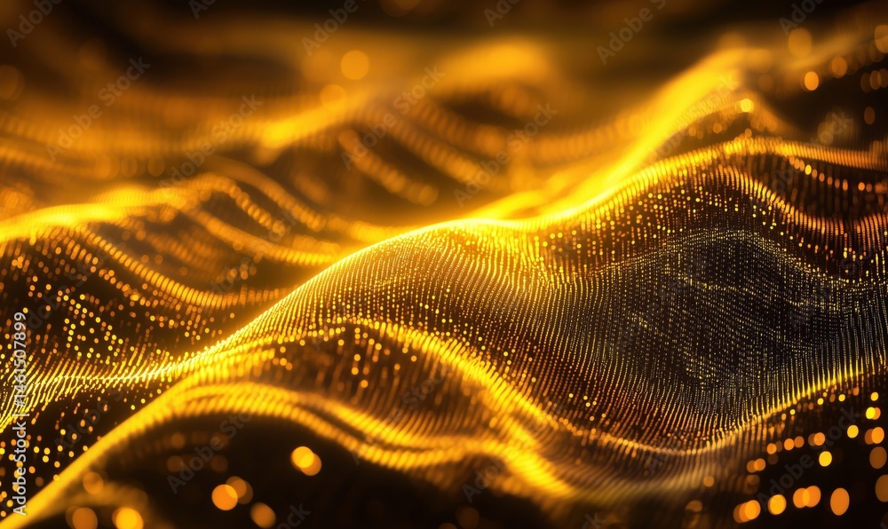 Poster Golden wave patterns with glowing particles creating a mesmerizing abstract background