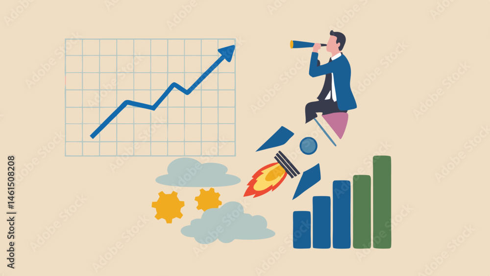 Poster a man on a rocket looking through a telescope with a graph and bars in the background business theme
