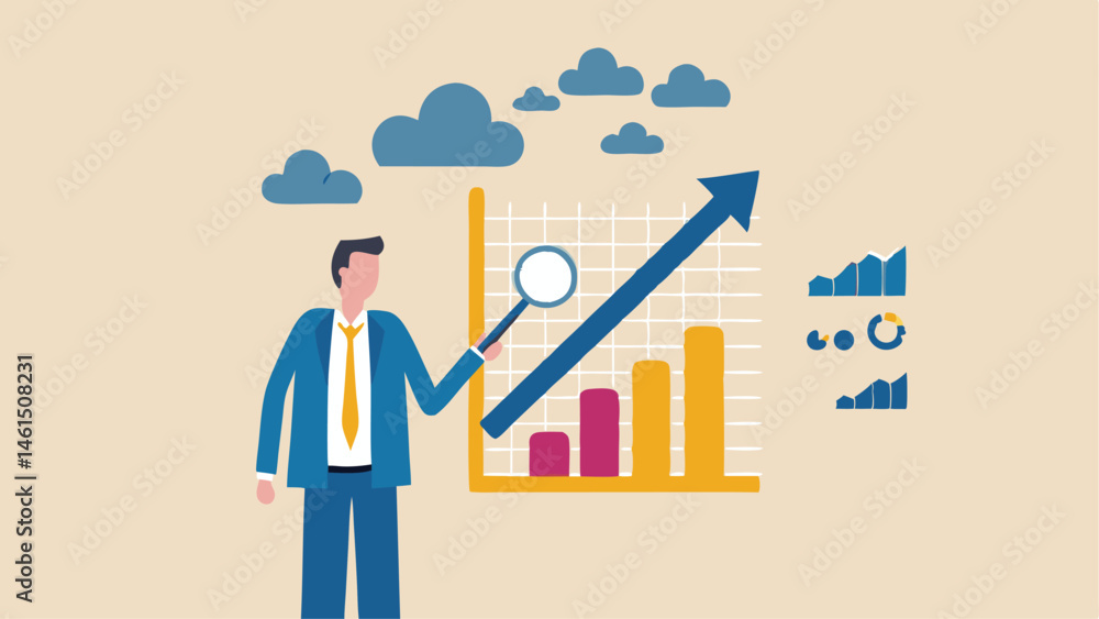 Poster a cartoon man analyzing a bar graph with an upward trending arrow and cloud icons on a beige backgro