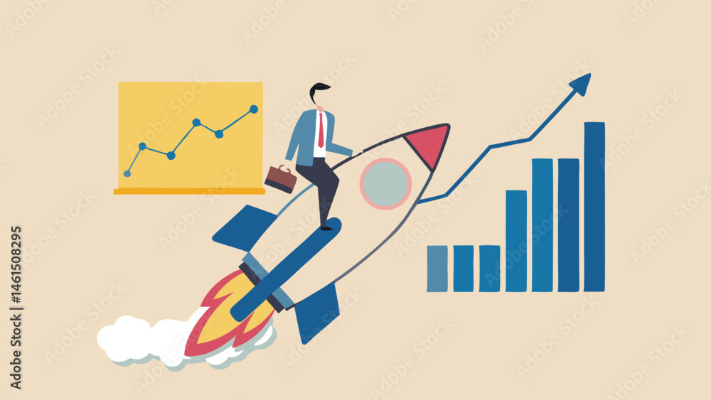 Aufkleber a man riding a rocket with charts and graphs indicating growth and success in a business or financia