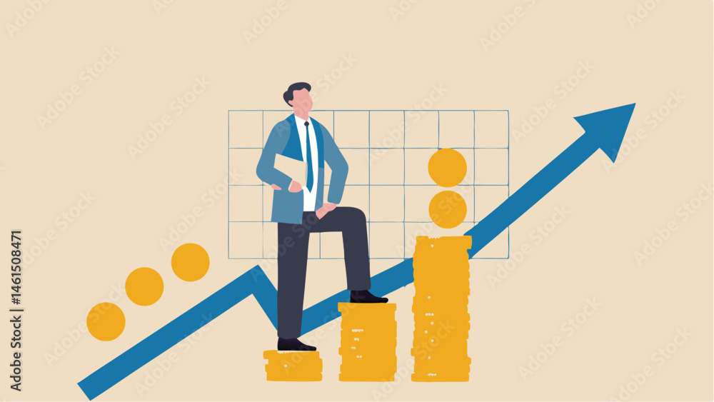 Poster man standing on gold bars with blue arrow pointing upwards and chart in background illustration styl