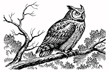 1 Realistic owl sketch, detailed feathers, perched on branch, black and white drawing, graphite pencil art, textured paper background, sharp eyes, tufted ears, wise expression, wildlife illustration, 