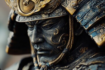 Obraz premium Close-up of a detailed, ornate samurai helmet and face.