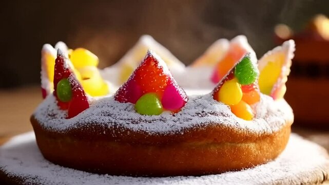 Detailed Rosca De Reyes Topped with Colorful Candied Fruit and Powdered Sugar Displaying Mexican Tradition Holiday