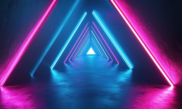Neon-lit triangular tunnel with vibrant pink and blue lights creating a futuristic atmosphere