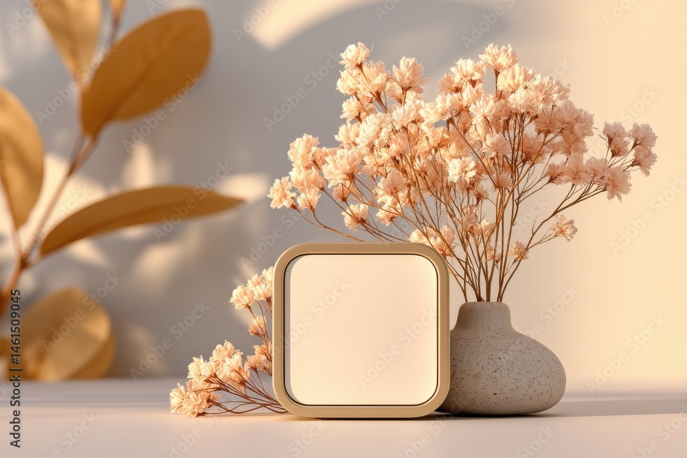 Poster Elegant square frame with dried flowers and leaves arrangement casting soft shadows, creating a natural and serene atmosphere with warm, inviting tones and textures.