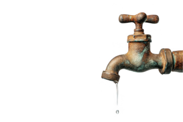 an old water tap with drops on the spout, isolated on a white background, png, transparent