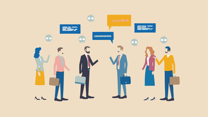 Fototapeta premium Illustration of diverse business people in a meeting with speech bubbles on a light beige background design