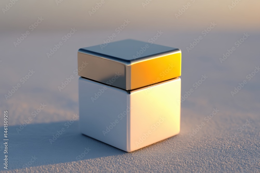 Poster a minimalist presentation of two stacked metallic cubes, one white and one reflective, elegantly pos