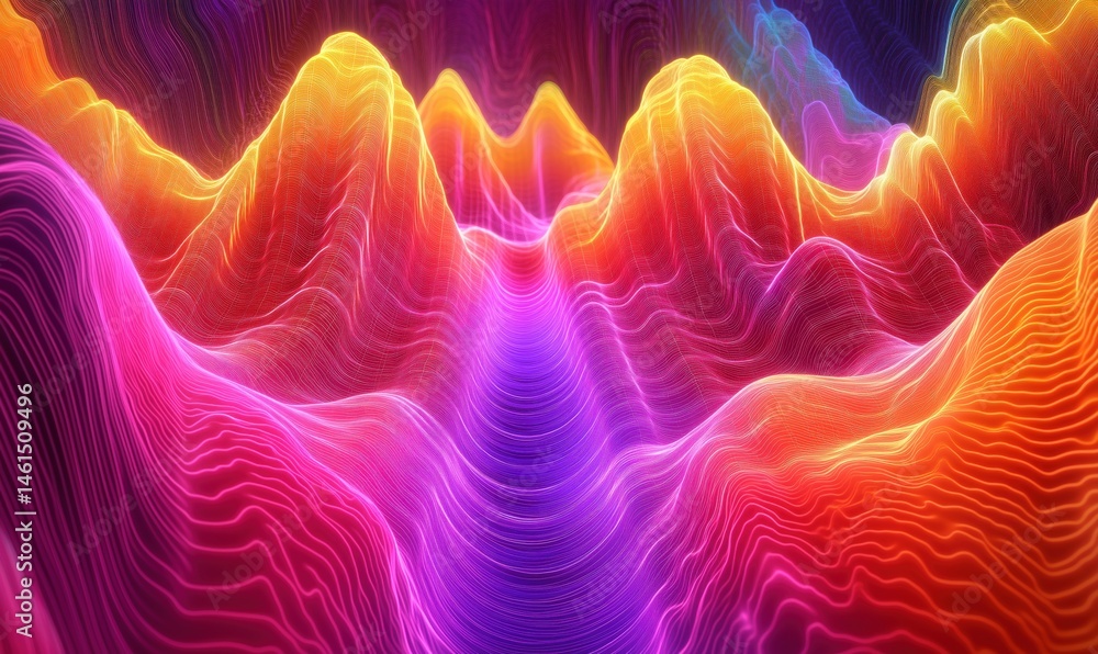 Poster colorful abstract wave patterns in vibrant neon hues creating a mesmerizing landscape