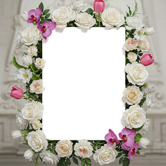 Blank white rectangle frame mockup forming floral border with pink and white roses, tulips background. Romantic display template for wedding invitation.