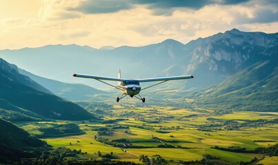 Fototapeta na wymiar Scenic aerial view of a small aircraft flying over lush green valleys and mountains
