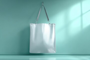 A white textile tote bag hanging on a hook against a teal wall, illuminated by sunlight through a window, creating a minimalist and clean presentation for branding.
