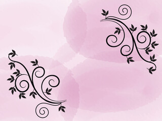 Elegant Pink Watercolor Background with Black Floral Swirls and Leaves