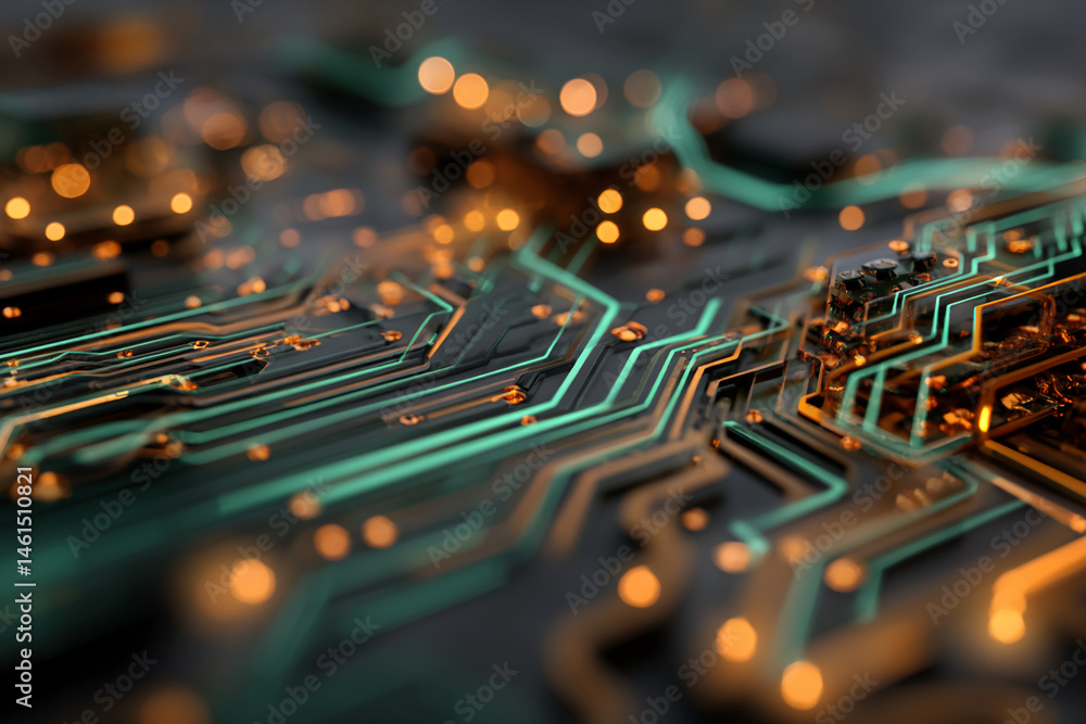 Poster close-up of circuit board texture with teal and copper lines, showcasing intricate technological des
