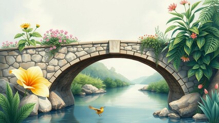 Romantische Brücke über einem Fluss, eingebettet in üppige tropische Blumen und Pflanzen – ideal als friedvolle Naturkulisse.