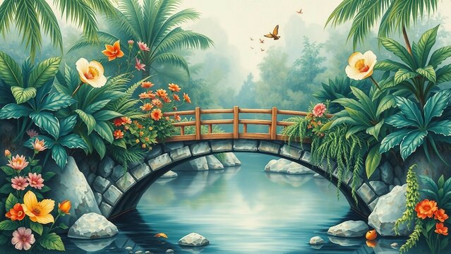 Romantische Br&uuml;cke &uuml;ber einem Fluss, eingebettet in &uuml;ppige tropische Blumen und Pflanzen &ndash; ideal als friedvolle Naturkulisse.