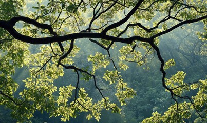 Sunlight filtering through lush green leaves and branches in a serene forest setting
