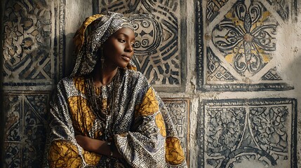 Obraz premium Chadian woman leans against painted wall artwork