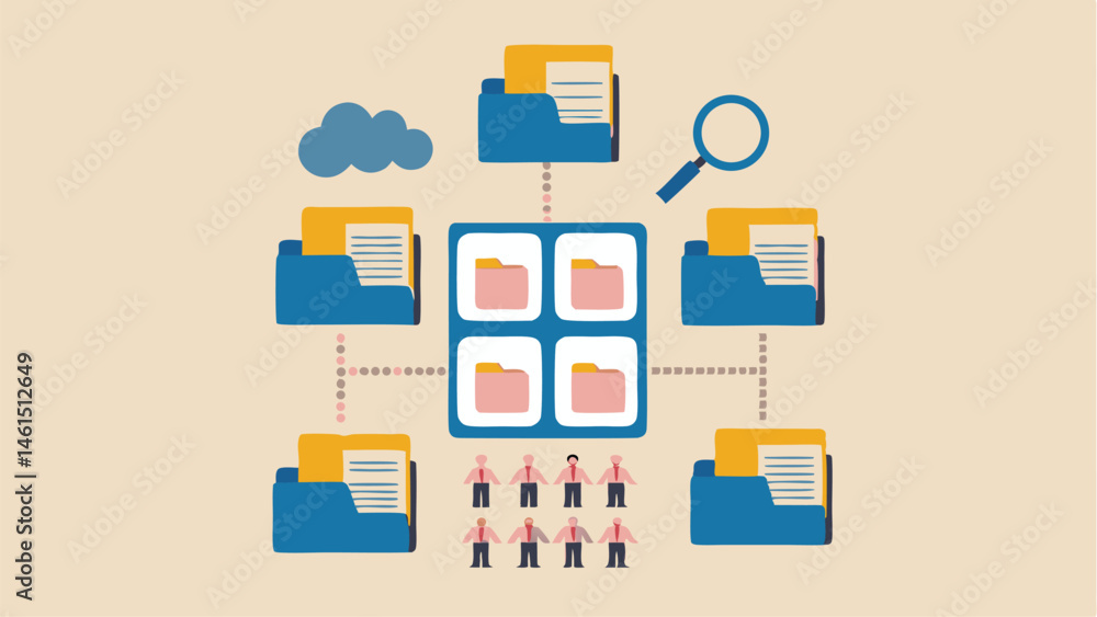 Poster illustration of cloud computing network with folders magnifying glass and small people figures below