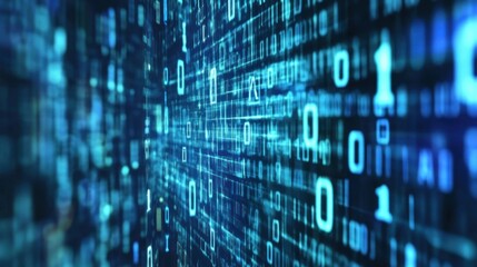 Abstract data stream visualization with glowing binary code matrix