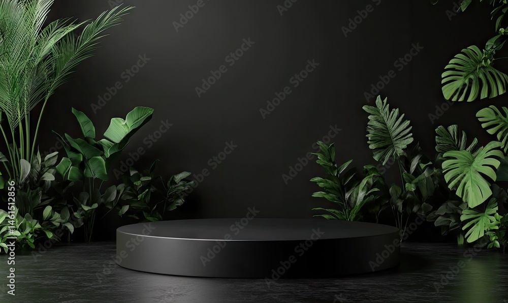 Poster a modern. minimalist display platform surrounded by lush green foliage. illuminated by soft light ra