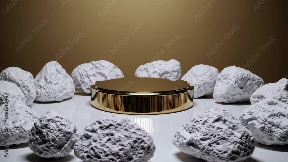 Poster rotating gold platform amidst contrasting textured stones for dynamic visual display