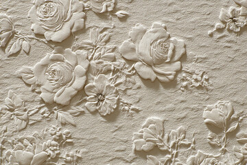 Beige textured background with embossed floral pattern, showcasing roses and other flowers, creating elegant and classic design, ideal for home decor or luxury branding
