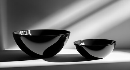 A minimalist composition showcasing two elegant black bowls of varying sizes. beautifully illuminated by soft shadows. set against a stark monochromatic background