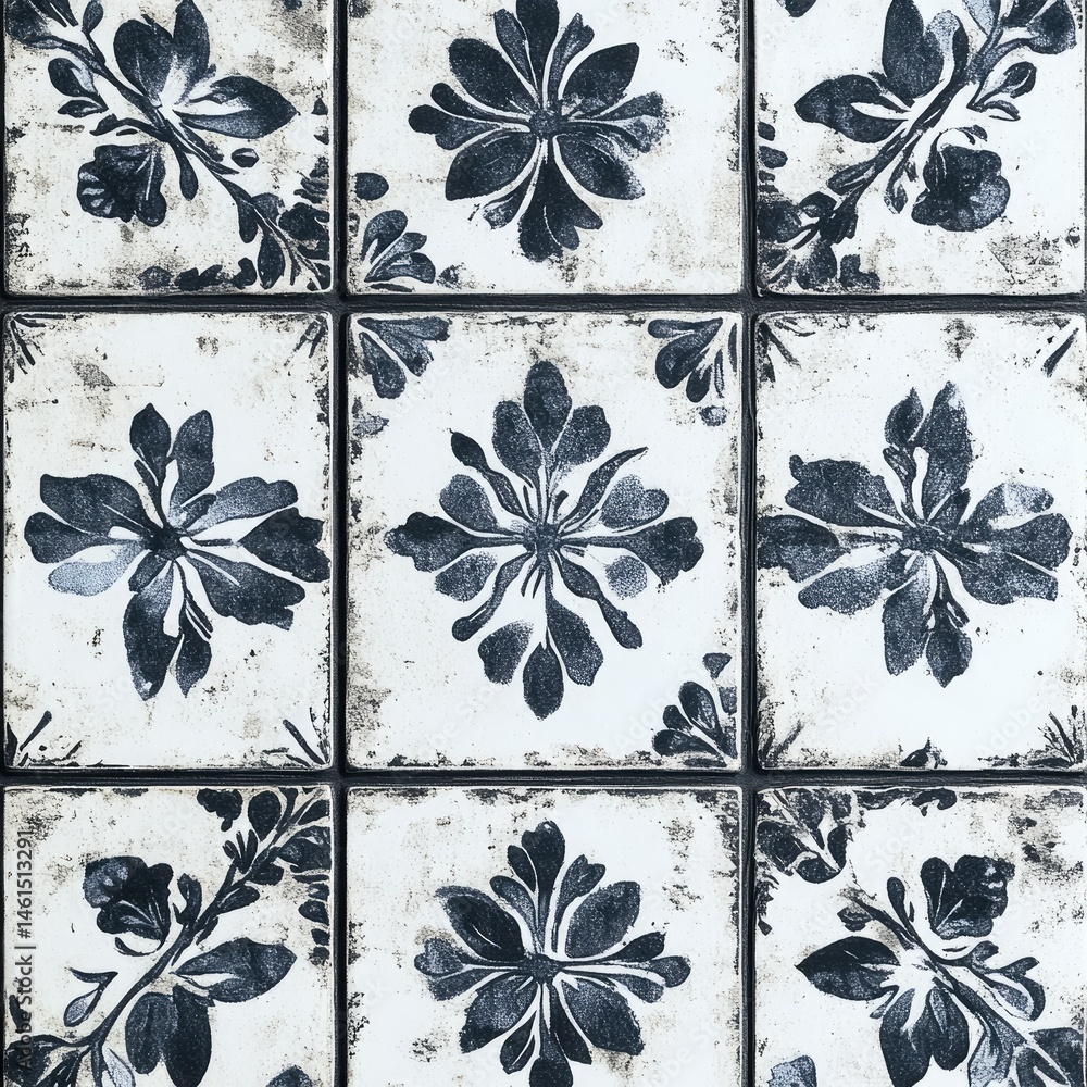 Poster a close-up view of intricately designed ceramic tiles featuring floral patterns in a monochromatic c