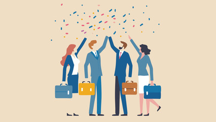 Business team celebrating success with high five under confetti in a light colored background illustration