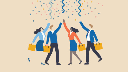 Illustration of diverse group celebrating with confetti and shopping bags in a festive atmosphere design