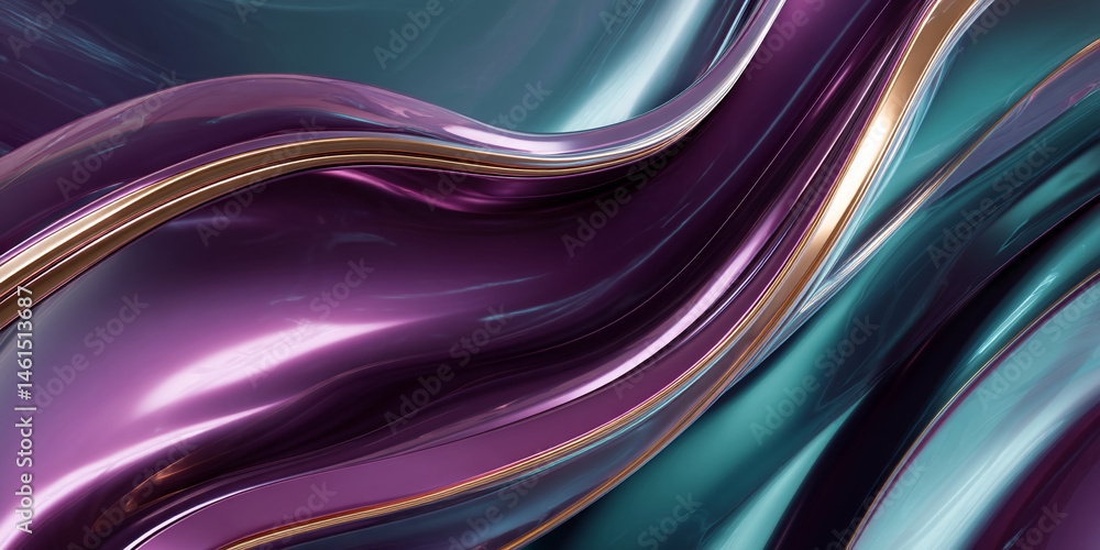 Poster abstract image of flowing purple and teal liquid with gold accents, creating a luxurious and elegant