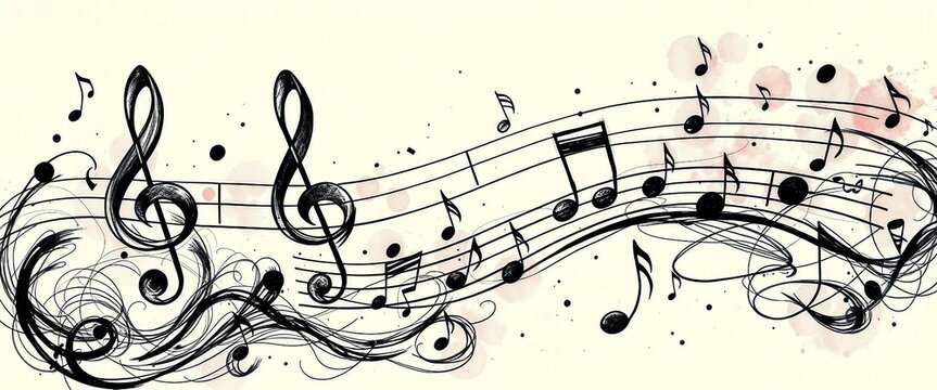 Abstrakte, k&uuml;nstlerische Darstellung von Musiknoten auf einem geschwungenen Notensystem mit schwungvollen Linien und Tintenakzenten.