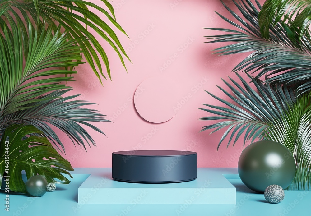 Poster a minimalist display featuring a circular stone-like structure on a pedestal. surrounded by colorful