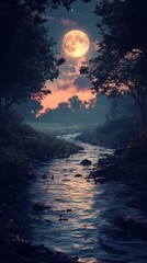 Fototapeta premium Moonlit river scene tranquil night landscape