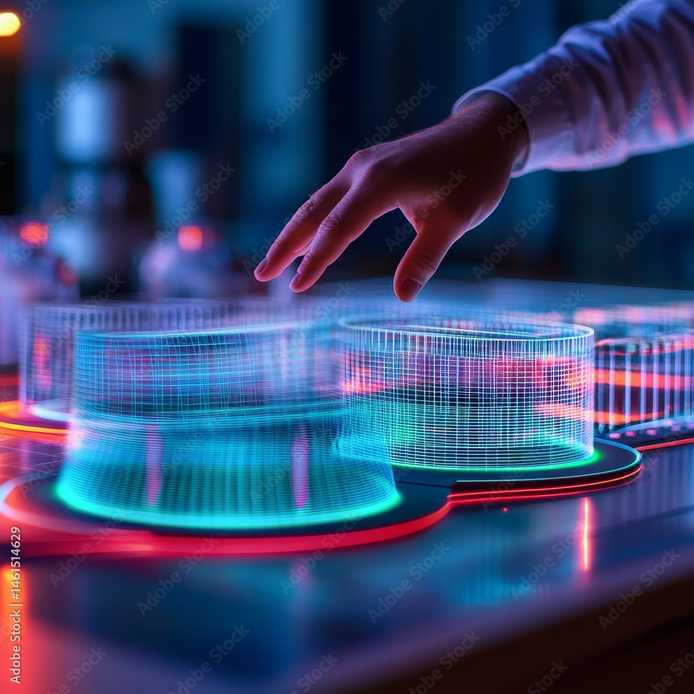 Poster futuristic digital interface with hand interacting with holographic data display. renewable resource