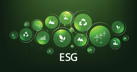 Environmental Social and Governance (ESG) concept.The company development of a nature conservation strategy and Solving environmental, social and management problems with figure icons.