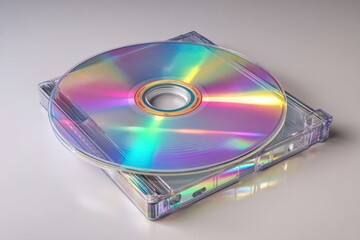Fototapeta premium Close-up studio shot of a DVD disc on a transparent case, showcasing vibrant holographic colors and a smooth, shiny surface against a neutral background.