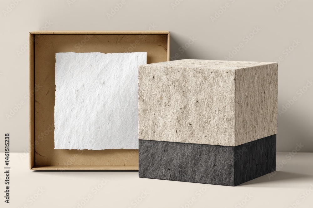 Poster elegant display featuring handmade paper inside a square box and a modern two-tone cube, creating a 