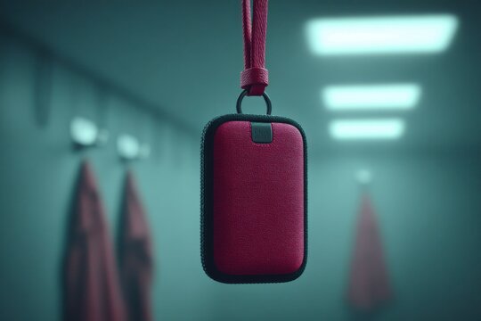 A close-up shot of a stylish red pouch, suspended by a lanyard, hanging in a clean modern locker room, illuminated by bright lights, creating a sense of order and sleekness. - Powered by Adobe