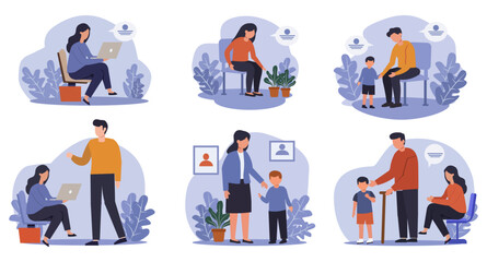 Family Interaction Scenes Vector Illustration Set