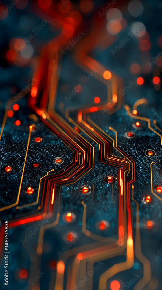 Poster close-up of illuminated circuit board, showcasing intricate network of orange and red lines on dark 