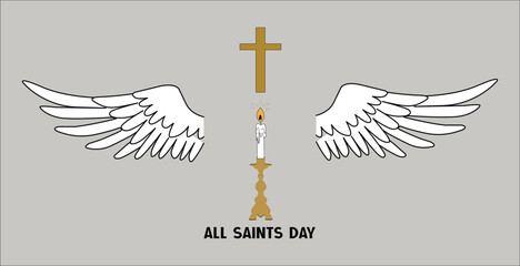 All Saints Day Angel Wings with Candle and Cross Minimalist Illustration
