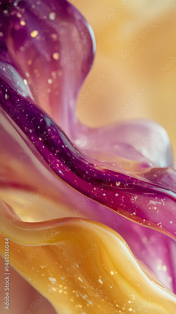 Poster abstract image of flowing purple and gold liquid with glitter, creating a dynamic and luxurious text
