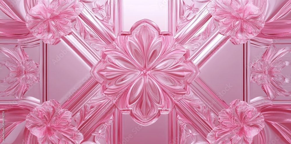 Poster a close-up view of an intricate pink floral pattern embossed on a glossy surface. creating a delicat